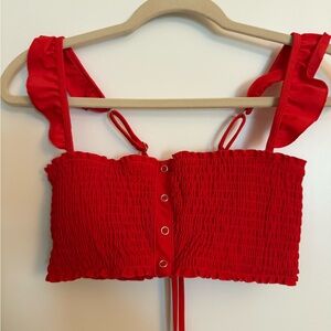 California Waves Red Smocked Ruffled Tank Top